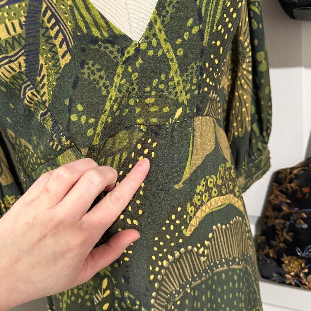 Farm Rio Dark Green & Yellow Tropical Floral Pattern Puff Sleeve Tiered Dress - Picture 5 of 8